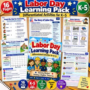 Op de afbeelding: Een 16-pagina tellend Labor Day leerpakket voor K-5 leerlingen met gedifferentieerde activiteiten. De omslag toont illustraties van diverse beroepen en de tekst Labor Day Learning Pack. Bevat werkbladen over geschiedenis, beroepen en data-analyse.