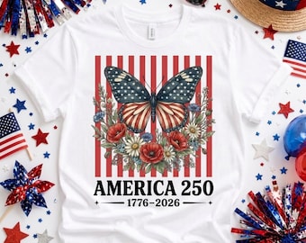 Patriotic Butterfly PNG, America 250 Floral Design, Red White Blue Butterfly Shirt Graphic, Independence Day PNG