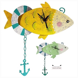 May include: A yellow and green fish-shaped wall clock with an anchor chain. The clock has a white and blue striped life preserver around its body. The smaller fish clock is green and has a white and blue striped life preserver around its body. The smaller fish clock is oscillating.