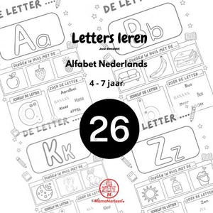 Op de afbeelding: Zwart-wit educatief werkblad voor kinderen die het alfabet leren. Het werkblad bevat de letters A t/m Z, met bijbehorende afbeeldingen en woorden. De tekst "Letters leren" en "Alfabet Nederlands" zijn ook zichtbaar. Een grote zwarte cirkel met het nummer "26" staat in het midden.