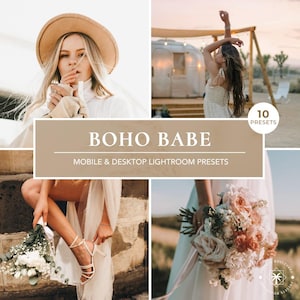 May include: A set of 10 Lightroom presets for mobile and desktop, called "Boho Babe". The presets are designed to give photos a warm, bohemian aesthetic. The image shows a woman wearing a white dress and a brown hat, a bouquet of flowers, and a vintage trailer.