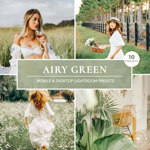Peut inclure: Préréglages Lightroom Airy Green pour mobile et ordinateur de bureau. L'image montre une femme en robe blanche dans un champ de fleurs, une femme en robe blanche et chapeau marchant sur un chemin et une plante verte dans une pièce blanche.