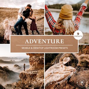 May include: A set of 9 Lightroom presets called "Adventure" for mobile and desktop. The presets are designed to enhance photos with a warm, earthy tone. The image shows a variety of landscapes, including mountains, forests, and lakes.