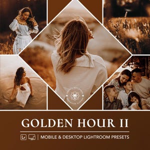 Könnte beinhalten: Ein Satz Lightroom-Voreinstellungen namens "Golden Hour II" für Mobilgeräte und Desktop. Die Voreinstellungen sind so konzipiert, dass Fotos einen warmen, goldenen Schimmer erhalten.