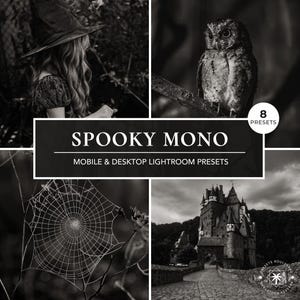8 spookachtige monochrome Lightroom-presets | Eng Halloween-zwart-witfilter voor humeurige donkere foto's | Mobiele en desktopfilters