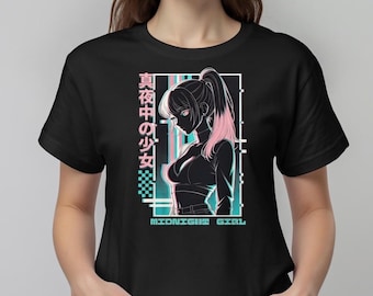 Midnight Girl Neon Anime T-Shirt | Steampunk Cyberpunk T-Shirt | Glitch Art Streetwear