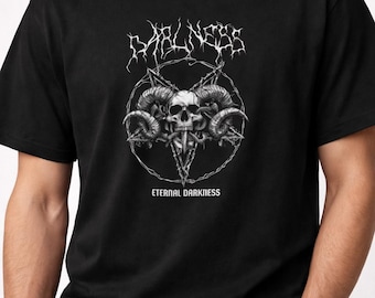 Eternal Darkness Handgezeichneter okkulter Schädel & Widder Hörner T-Shirt