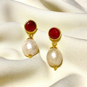 Genuine Pearl and Ruby Earrings | Handmade Natural Stone Earring | Minimalist Pearl Earring | Gold Filled Ruby Earring | Bridesmaid Earrings