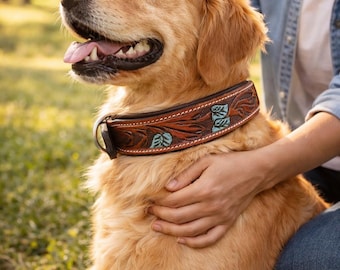Handmade Leather Dog Collar, Brown Padded Tooled Collar, Western Style Dog Collar, Adjustable Dog Collar - Best Gift for Dogs