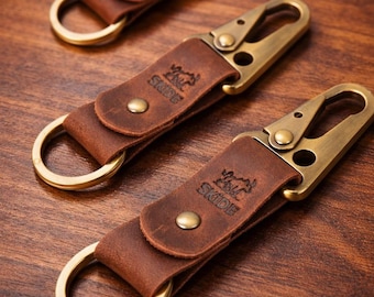 Brown Leather Keychain, Handmade Vintage Leather Keychain, Brass Hook Keyring, Leather Keychain For Car, Leather Keychain Strap - Best Gift