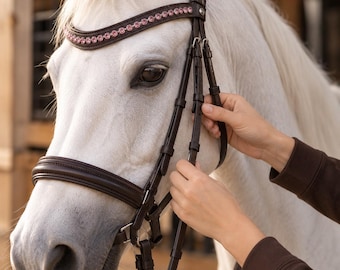 Leather Horse Bridle with Rhinestone Browband Full Size Equestrian Tack Handmade Riding Bridle Crystal Horse Tack Classic Horse Bridle