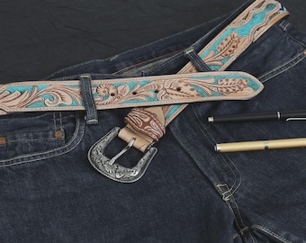 Western Ledergürtel für Männer & Frauen, Hand punziert Blumen Cowboy/Cowgirl Gürtel, Vintage Leder Westerngürtel, Geschenk für Sie/Ihn