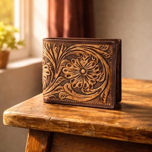 Puede incluir: Una cartera de cuero marrón con un diseño floral en relieve. La cartera es rectangular y presenta un patrón detallado de flores y hojas. Está sobre una superficie de madera, mostrando la artesanía y la textura del cuero.
