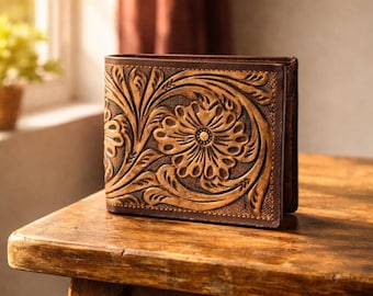 Hand punzierte Lederbrieftasche für Herren, Western Floral Bifold Brieftasche, Echtes Leder Cowboy Brieftasche, Hochwertige Leder Brieftaschen