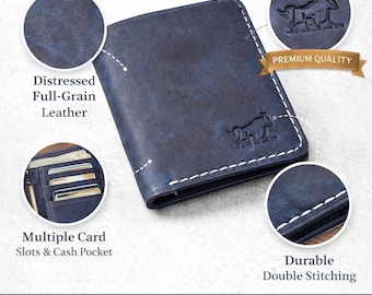 Mens Leather Card Holder Wallet, Royal Blue Minimalist Leather Card Holder Wallet For Men Women, Slim Leather Card Holder, Compact Wallet