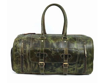 Leder Seesack - Handgefertigte Vintage Grüne Weekender Sporttasche, Vollnarben-echtes Leder Reisetasche für Männer