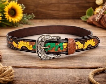 Sunflower Punzierter Gürtel für Männer und Frauen, Western Ledergürtel, Handgemachte Ledergürtel, Echter Ledergürtel