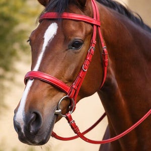 May include: A close-up of a brown horse wearing a red bridle. The bridle has a red headstall, browband, and noseband. The horse has a white stripe down its face. The background is blurred.