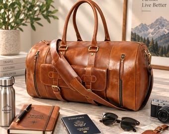 Leather Duffel Bag – Tan Vintage Leather Weekender Travel Bag, Men's Carry On Duffel Bag, Best Leather Duffel Bags for Men