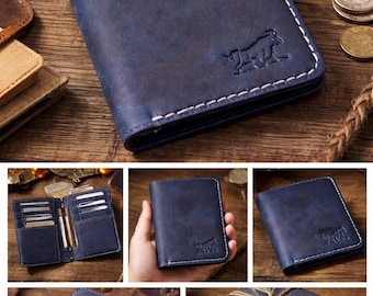 Royal Blue Skide Minimalist Leather Card Holder Wallet for Men, Handmade Genuine Leather Card Holder Wallet, Slim Leather Wallet Card Holder