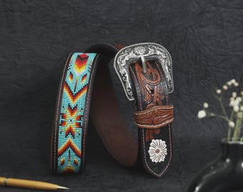 Ledergürtel für Männer und Frauen, Perlen Western Cowboy Gürtel, Brauner Echtleder Gürtel, Punzierter Blumen Cowgirl Stil