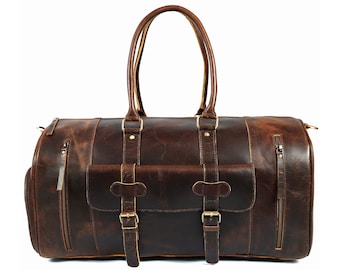 Handmade Vintage Brown Leather Duffel Bag | Weekender Travel Bag for Men Women | Genuine Leather Overnight Bag | Gym Bag Gift For Christmas