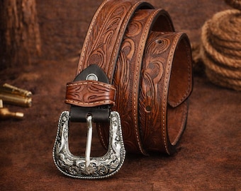 Hand punzierter Leder Westerngürtel, Brauner Cowboy Cowgirl Gürtel, Vintage Blumen Ledergürtel für Männer Frauen, Dunkelbrauner Gürtel