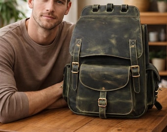 Leder Laptop-Rucksack - Grüner Vintage Leder Laptop-Rucksack, Herren Leder Laptop-Rucksack, bester Leder-Rucksack mit Laptop-Fach
