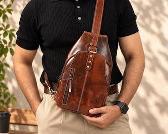 Vintage Brown Leather Sling Bag for Men Leather Crossbody Chest Bag Travel Shoulder Bag Everyday Carry Messenger Bag Rustic Gift for Him