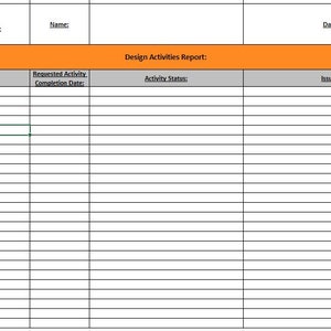 Puede incluir: Una tabla de cuadrícula en blanco y negro con el texto "Design Activities Report" en un cuadro naranja. La tabla tiene columnas para el número de proyecto, el título del proyecto, la actividad, la fecha de finalización planificada de la actividad, el estado de la actividad, los problemas, los comentarios/notas y la fecha de finalización real de la actividad.