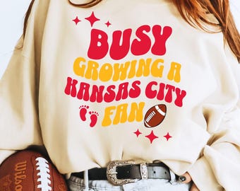 future kansas city Football fan, Busy Growing a KC Fan, football pregnancy announcement sweatshirt baby shower gift football maternity