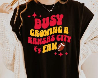 future kansas city Football fan, Busy Growing a KC Fan, football pregnancy announcement tshirt baby shower gift football maternity