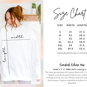 May include: White sweatshirt with size chart, width and length measurements. The size chart shows measurements in inches for sizes S to 3XL. The text also mentions the sweatshirt is made of soft ring-spun fleece.