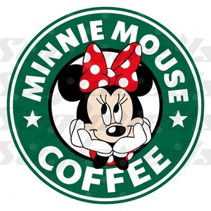 May include: A green circle with the text "Minnie Mouse Coffee" in white. A cartoon image of Minnie Mouse with a red bow and white polka dots is in the center of the circle.