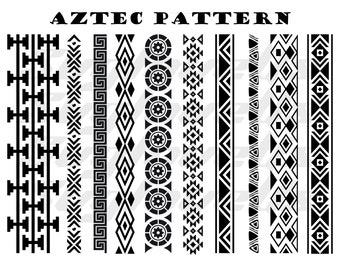 May include: A set of ten black and white Aztec pattern designs. The patterns are geometric and include repeating shapes like diamonds, squares, and circles.