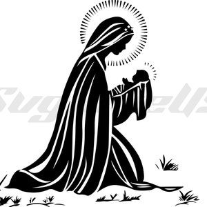 Maagd Maria en baby Jezus SVG, religieuze Svg, moeder Maria Clipart, ontwerp voor Cricut, Svg, Ai, Png, Jpg, Dxf, Eps, Pdf-bestanden klaar om af te drukken