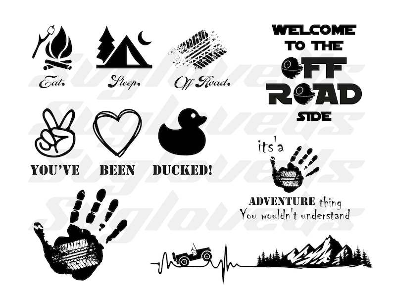 May include: A set of 10 black and white off-road themed SVG cut files. The designs include a campfire, tent, tire tracks, a handprint, a heart, a rubber duck, a peace sign, a jeep, and mountains. The text "Welcome to the Off Road Side" and "It's a Adventure thing you wouldn't understand" are also included.
