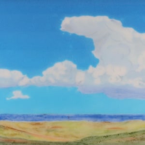 Peut inclure: Une peinture représentant un paysage avec un ciel bleu et des nuages blancs. Le paysage est un champ d'herbe verte avec un horizon lointain.