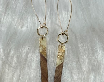 Wood and gold leaf long resin earrings