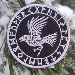 Raven Patch, Crow Patch, Hugin Munin Patch, Norse Patches, Celtic Raven Patch Iron-On Embroidered Black Silver, Viking patches, Raven Hook