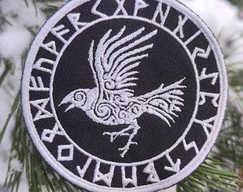 Norse Raven Patch: Hugin Munin, Viking Embroidered Iron-On, Celtic Crow Silver on Black