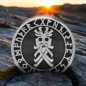 Odin Mask Embroidered Patch: Silver Norse Viking Amulet