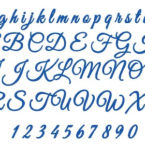 May include: A blue cursive font alphabet with uppercase and lowercase letters, numbers 1 through 9 and 0. The font is a classic script style.