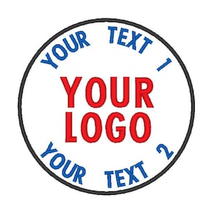 May include: A white circle with a black outline and blue text that says "Your Text 1" and "Your Text 2". In the centre of the circle is red text that says "Your Logo".