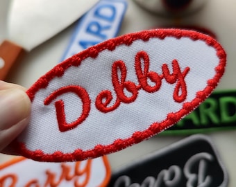 Custom Name Patch Pearl Vintage Style: Embroidered Uniform Work Shirt Iron On ID Tag