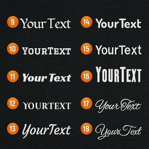 Puede incluir: Un fondo negro con diez c&iacute;rculos naranjas que contienen los n&uacute;meros del 9 al 18. Cada c&iacute;rculo tiene texto blanco en el interior que dice "Your Text" en diferentes fuentes y estilos.