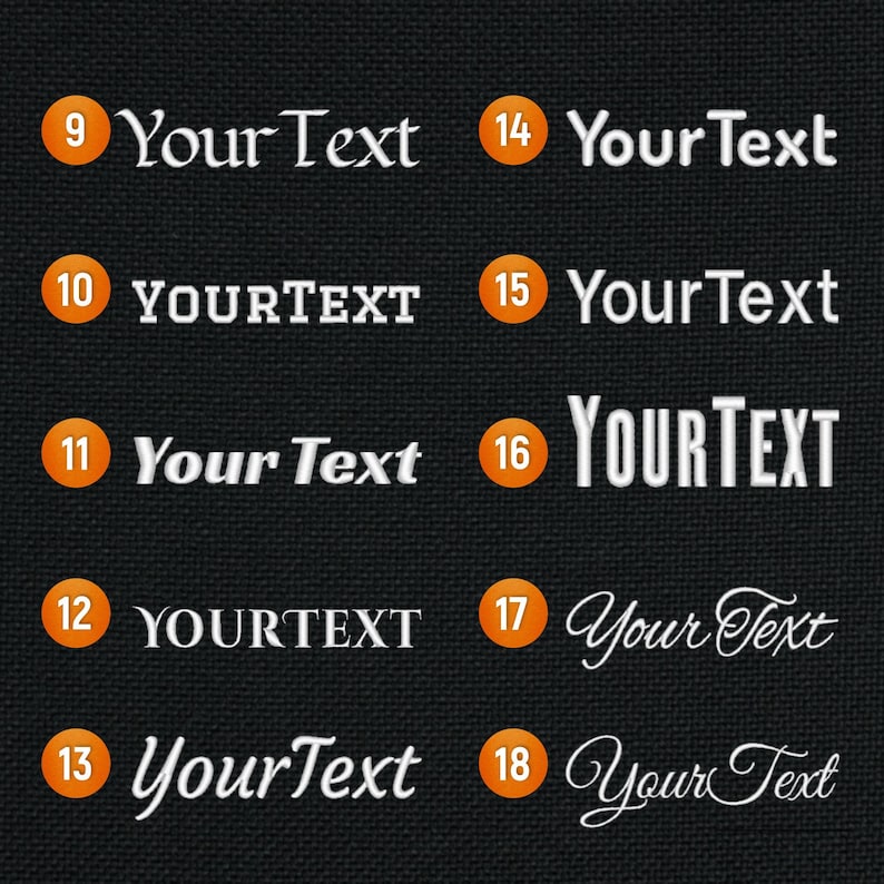 Puede incluir: Un fondo negro con diez c&iacute;rculos naranjas que contienen los n&uacute;meros del 9 al 18. Cada c&iacute;rculo tiene texto blanco en el interior que dice "Your Text" en diferentes fuentes y estilos.