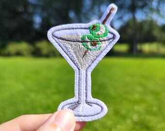 Classic Dry Cocktail Patch Iron On with Olives in Glass