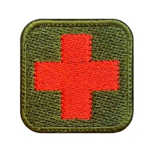 Paramedic Badge, First Aid Cross Patch Hook & Loop Olive with Red