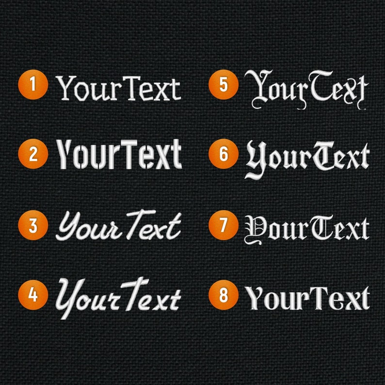 Puede incluir: Ocho estilos de fuente diferentes para el texto "Your Text" que se muestra en un fondo de tela negro. Los estilos de fuente est&aacute;n numerados del 1 al 8.